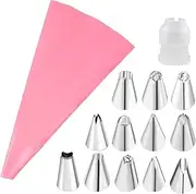 Rstigiker Piping Bags and Nozzles Set,14 Pcs Cake Piping Kit,Cake Piping Nozzles Tips Kits with 1 Reusable Icing Piping Bag,1 Converter,CouplerIcing Piping Nozzles for Cupcake Decorating