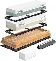 Meiyijia Sharpening Stone, 2-in-1 Whetstone Knife Sharpener with Non-Slip Silicone Holder, Knife Holder for Knives, Dressing Stone, Bamboo Base (5000/10000+600/1500 Grit/Set)
