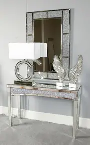 Fin Long Silver Console Table Mirrorred Sofa Table With Crystal Inlay Front And Side