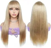 Bone Straight Full Machine Made Wig with Bangs Wig Honey Blonde Ginger Brown Remy Hair Wigs for Women(Honey Blonde,22INCHES)