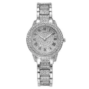 Silver Full Diamond Roman Steel Strap Quartz Watch