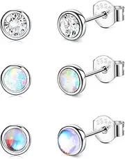 [Sanfenly] 3 Pairs 925 Sterling Silver Stud Earrings for Women Girls Kid Moonstone Earrings Opal Cubic Zirconia Earrings Tiny Small Earrings Set Hypoallergenic Earrings CZ Piercing Jewelry Gift Size 4mm