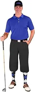 [Golf Knickers] Mens Outfit - Black Microfiber, Limited Edition Ball Cap, Over-The-Calf Argyle Socks, Royal Blue Golf Shirt