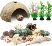 Hermit Crab Shells Natural Coconut Shell Hut Artificial Plants, 22 colorful