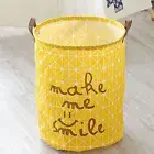 (Yellow)Laundry Basket Cotton Linen Foldable Round Dirty Clothes Storage Bag