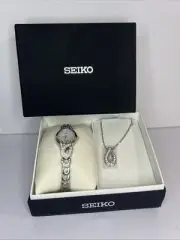 Women's Seiko Solar Watch & Necklace Gift Set w/ Swarovski Crystals Mop Dial
