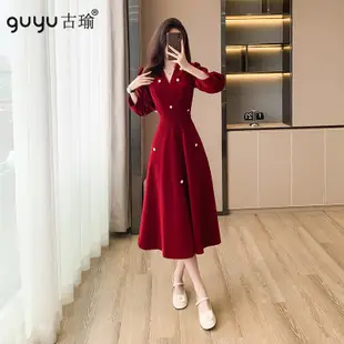 禮服婚宴洋裝復古金絲絨洋裝女秋冬新款禮服裙平時可穿v領a字裙