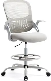 SMUG Drafting Chair for Standing Desk, Counter Height Adjustable, Flip-up Arms, Ergonomic Mid Back Mesh Rolling Work Swivel Office Computer Chairs with Wheels, Grey