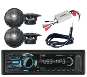 Antenna,800W Amplifier,4 Black 4" Speakers&MR1308UABK Marine USB Bluetooth Radio