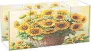 RPLIFE Pen Cup Holder for Desk, Acrylic Makeup Brush Storage Organizer 4 Compartments, Modern Desk Organizer for School, Home and Office, Retro Sunflowers
