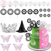 Geelin 28 Pcs Witch Crown Cake Topper Witch Theme Birthday Party Decorations Mini Balloons 3D Pink Butterfly Black Gear Cake Toppers Silver Crown Witch Hat Dessert Decorations for Movie Birthday Party