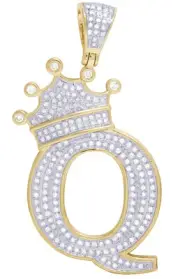 10K Yellow Gold Genuine Diamond Crown Letter Initial "Q" Pendant 2/3 CT 2"