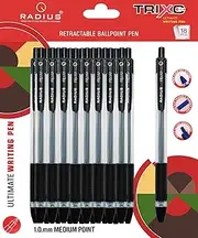 RADIUS Trixo Retractable Black Ballpoint Pens - 18 Pack, 1.0mm Medium Fine Point for Smooth Writing, Comfort Rubber Grip, Stationery Item Set for Journaling, Home, School & Office