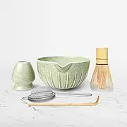 MYCHA TEA Premium 5pcs Japanese Matcha Whisk Set – Includes 500 ml Matcha Bowl with Spout, Bamboo Chasen Whisk, Whisk Holder, Sieve and Scoop – Elegant Mottled Green Glaze with Vertical Pattern