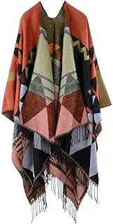 [RAYWE] Women Knitted Shawl Poncho Faux Cashmere Geometric Pattern Tassel Oversized Long Bohemia Cape