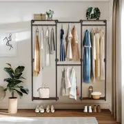 Industrial Pipe Clothes Rack Adjustable Wall-Mounted Walk-in Wardrobe with Shelf