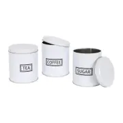 3pc Round Metal Tea Coffee Sugar Storage Set White Kitchen Canisters Jars Pots