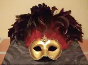 Cirque Du Soleil Hand Made Mask Red Feather Gold With Signature And Cart