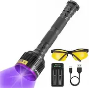 ALONEFIRE SV44 20W 365nm UV Flashlight USB Rechargeable Ultraviolet Black Light Pet Urine Detector for Resin Curing, Fishing, Scorpion, Dry Glue with UV Protective Glasses, Battery Included, Charger