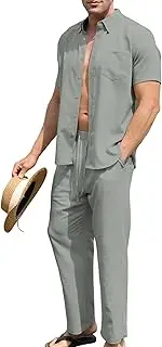 [URRU] Men’s 2 Piece Linen Outfit Summer Beach Short Sleeve Button Down Shirt and Pants Set, Greyish-green, Small