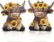 Wesiti 2 Pcs Highland Cow Figurines Spring Sunflower Highland Cow Gnomes Scottish Resin Statue Calf Lovers Gifts for Summer Home Garden Kitchen Office Tiered Tray Table Decor(Sunflower)