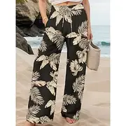 Women's Culottes Wide Leg Wide Leg Chinos Vacation Vintage Fashion Full Length High Waist Graphic Leaf Elastic Waistband Printing Breathable Soft Micro-elastic