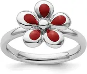 [Stackable Expressions] 925 Sterling Silver Stackable Polished Red Enameled Flower Ring Size 9-Stackable-Ring for Women