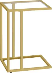 C Shaped End Table, Tempered Glass Snack Side Table with Metal Frame, TV Tray Ta