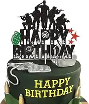 Military Happy Birthday Cake Topper Black Glitter Gun Army Soldier Fighter Veteran's Day Cake Decorations Airman Retirement Military Themed for Kids Boys Men Birthday Party Supplies