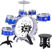 Keezi Kids Drum Set, 11pcs Toddler Toy Pretend Play Junior Balmy Drums Kit Musical Instruments Educational Children Baby Toys, with Drummer Seat Easy to Assemble Blue