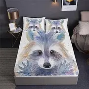 Baby Raccoon Prints Fitted Sheet Set Cute Woodland Animal Little Bandit Design Bedding Set | with Fitted Sheet and 2 Pillowshams(3pcs) or Comforter(4pcs) (Single-3PCS,D)