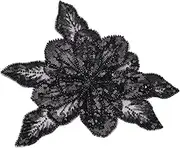 MAYJOYDIY 3D Black Flower Lace Appliques Sequin Glass Seed Beaded Gauze Embellishments Accessories Handcrafted Sparkling Lace Flower Patches for Wedding Dress Bag DIY Sewing Craft Supplies
