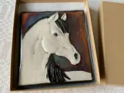 RAKU Wall art Signed Jeremy Diller stone Ceramic horse heat tile trivet new 5x5
