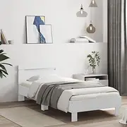 vidaXL Bed Frame with Headboard - White Single Bed with LED Lights, Engineered Wood, Plywood Slats, for 90x190 cm Mattress - Modern Bedroom Furniture