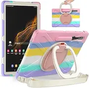 Heavy Duty Case for Galaxy Tab S9/S8/S7,Hybrid Rugged Case with S Pen Holder, Shockproof Kids Case with 360 Rotating Stand/Shoulder Strap for Samsung S9 (SM-X710/X716/X718) (Colourful Pink)