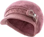 [Surblue] Lady Crystal Bow Warm Cabled Angora Knit Winter Beanie Crochet Beret Hats Newsboy Caps, One Size