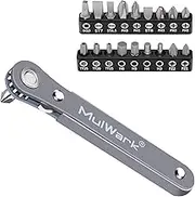 MulWark 20pc 1/4 Ultra Low Profile Mini Ratchet Wrench Close Quarters Screwdriver Set with High Torque - Right Angle EDC Tool with 90 Degree Mini Offset Reversible Drive Handle & Multi Hex Bits Set