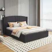 Bed Frame Double Queen Size Black Velvet Fabric with Gas Lift plywood metal structure