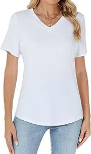 [Famrrifuu] Women's Short Sleeve Shirts with V-Neck Loose Tops Summer Basic Stretch Plain T-Shirt