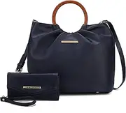 [MKF Collection] Tote Bag Set for Women, Vegan Leather Circular Wooden Top-Handle Shoulder Handbag Purse With Wristlet Wallet