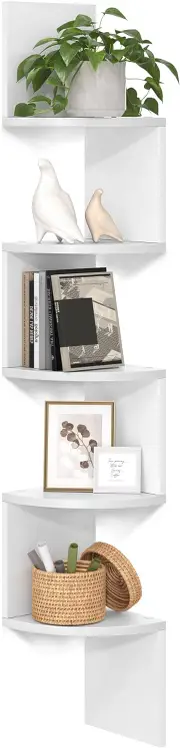 5-Tier Floating Corner Bookshelf for Bedroom, Living Room, Bathroom, Home Office - Simply White