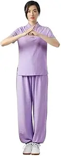 [generic] Womens Tai Chi Suits Wing Chun Kung Fu Clothing Chinese Tang Suit Martial Arts Clothing for Kung Fu Zen Meditation Outfit Short Sleeve Training Suit,Purple-S