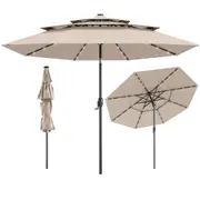 Costway 3m Market Sunshade Solar Patio Umbrella w/32 LED Lights & Easy Crank Heavy-Duty Table Parasol Beige