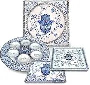 Artistic Passover Seder Dinnerware Set Floral Hamsa Design by Jessica Sporn - Quality Porcelain Round Seder Plate Square Matzah Tray Silk Matzo Cover, Afikoman bag - Pesach Decoration by Aviv Judaica