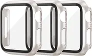 [EDIMENS] Pack of 3 Hard PC Case with Tempered Glass Screen Protector Full Ultra Thin Buffer Protective Case Compatible with Apple Watch Series 9 8 7 41 mm for iWatch Women Men Starlight