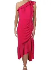 Aidan Mattox Women Size 6 Bright Pink One Shoulder Hi Lo Ruffle Maxi Dress Prom