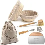 Natural Rattan Bannetons Bread Proofing Basket Set with Linen Cloth Liner Dough Scraper Cleaning Brush Dough Whisk and Storage Bag Baking Tools Fermentation Basket 10inch Oval