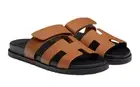 Hermes Chypre Sandal Natural Brown Leather Black Strap Slide Slip On Flat 39.5