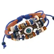 Multilayer Blue Cowhide Devil's Eyes Beaded Woven Bracelet Couple Bangle Jewelry