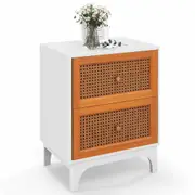 Costway Rattan Nightstand Side End Table Modern Bedside Table w/2 Drawer Living Bedroom White